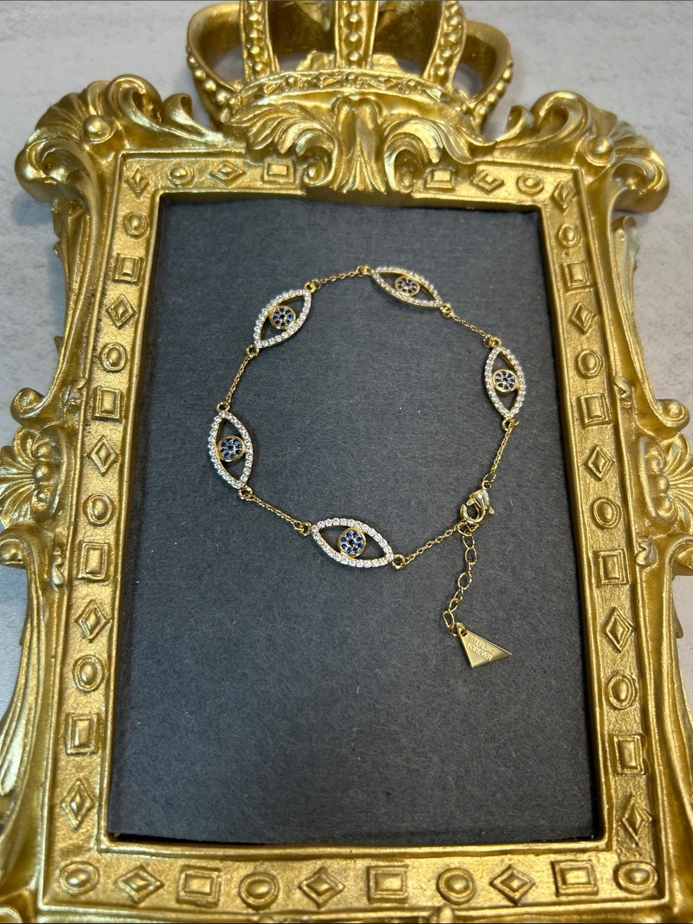 Delicate Gold-Tone Blue Crystal Evil Eye Link Bracelet